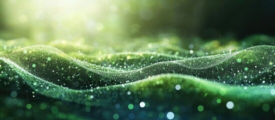 Abstract green waves of particles symbolizing innovation in green technology and sustainable development in a vibrant natural setting