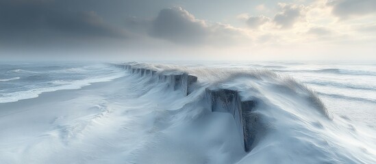 Obraz premium Monochrome landscape featuring breakwaters and sand dunes under a dramatic cloud-filled sky and turbulent ocean waves