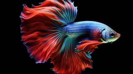 Fototapeta premium Vibrant Betta fish displaying stunning colors with flowing fins set against a contrast-rich black background for a striking visual appeal