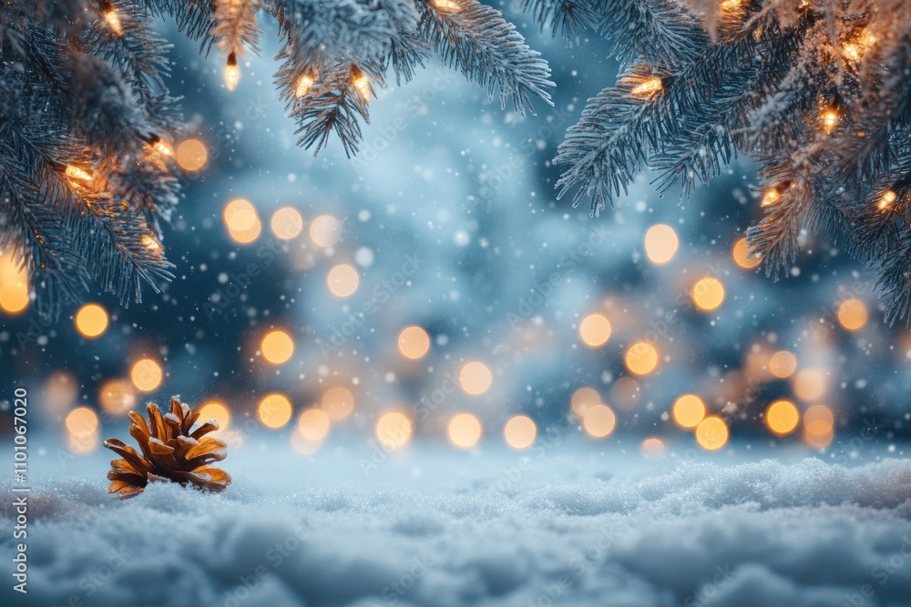 Poster a pine cone sits on a snowy surface with a blurred background of a fir tree branch with warm white c