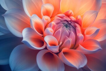 Obraz premium A close-up of a pink and orange dahlia flower with soft lighting and a shallow depth of field.