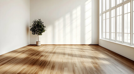 Fototapeta premium Sunlit Empty Room with Hardwood Floor and Plant