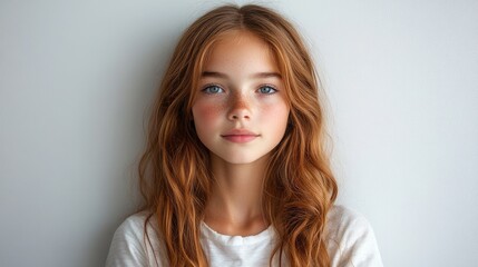 Fototapeta premium Young girl with flowing hair and a serene expression posing against a minimalist white background. Time concept with clock symbolism.