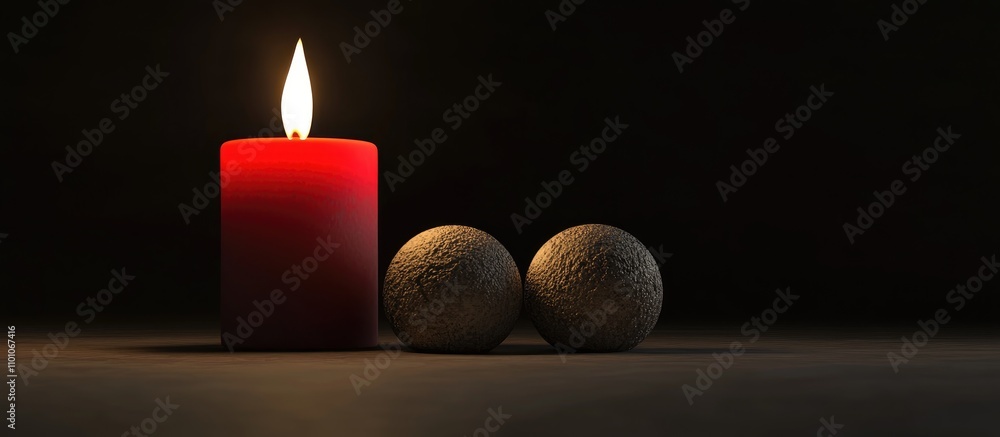 Poster red candle flame illuminating textured spheres on dark background creating a serene and moody atmosp