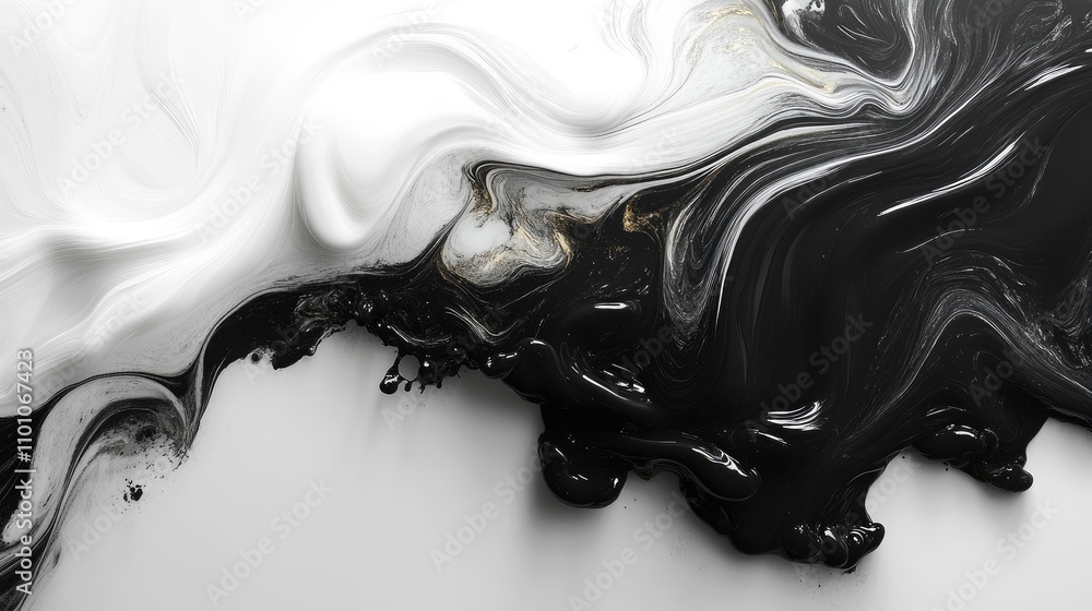 Poster monochrome abstract backdrop featuring fluid black and white paint blending in dynamic swirls for a 