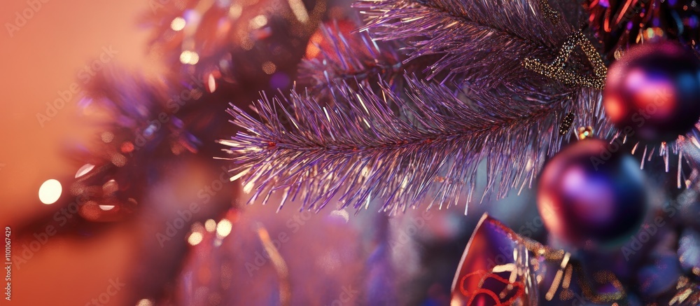 Poster abstract close-up of a christmas tree with vibrant ornaments and shimmering tinsel creating a festiv