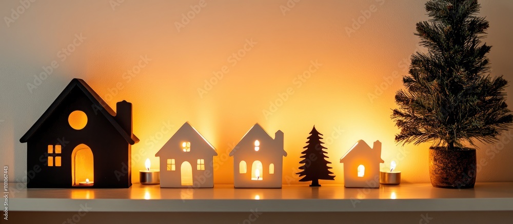 Poster decorative candle holders shaped like houses with a tree on a shelf creating a warm atmosphere again