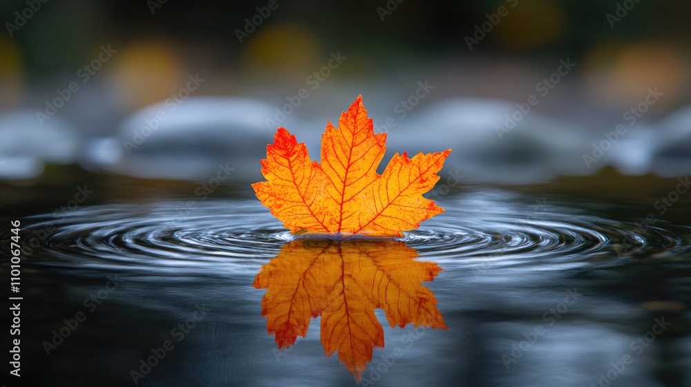 Poster autumn maple leaf floating on water surface creating mesmerizing reflections and ripples in a serene