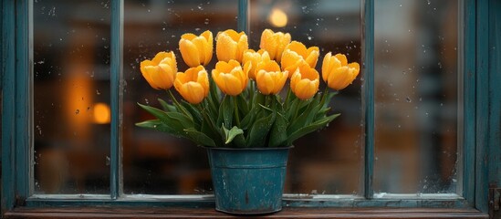 Vibrant yellow tulips arranged in a vintage pot on a rain-speckled window sill creating a cheerful interior atmosphere.