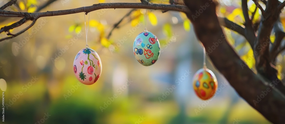 Poster colorful decorated easter eggs hanging from a tree branch in a soft natural setting during springtim