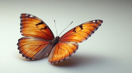 Vibrant orange butterfly gracefully flying solo on a soft white background enhancing its delicate beauty and intricate wing patterns