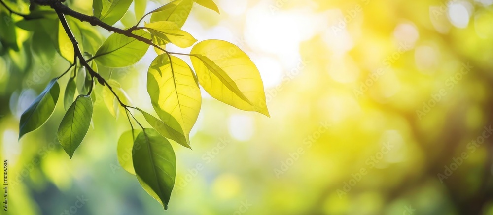 Poster nature background with blurred sunlight filtering through green leaves on tree branches creating a s