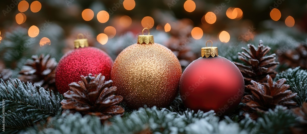 Poster festive christmas ornaments with pinecones and soft bokeh lights creating a warm holiday ambience in