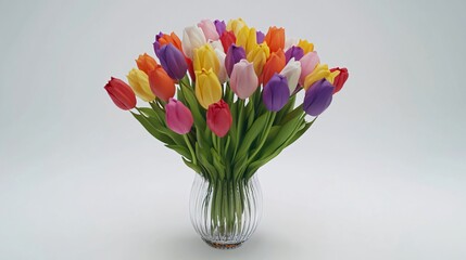 Colorful tulips in a glass vase on a white background. Generative ai