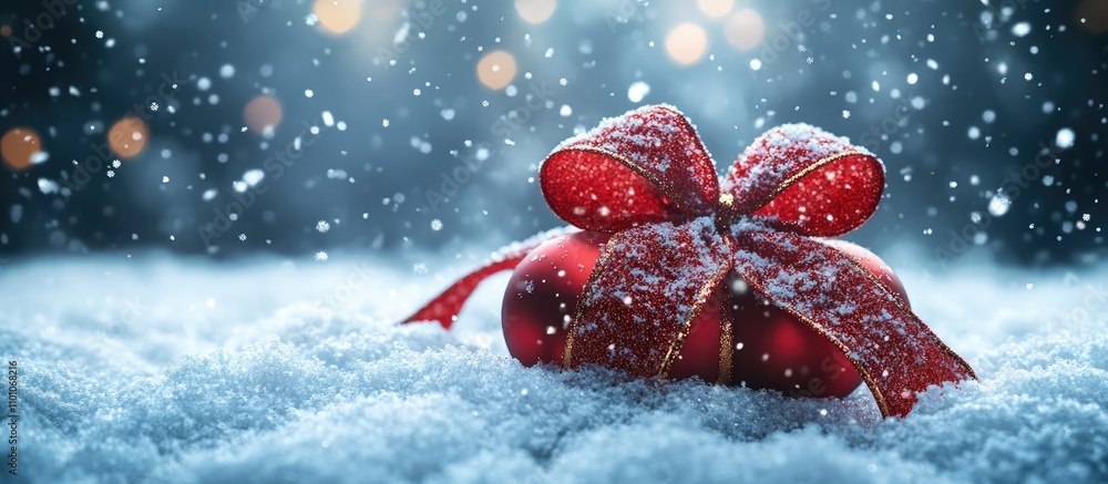Aufkleber christmas bow resting on snowy backdrop with soft snowfall and festive bokeh lights creating a magic