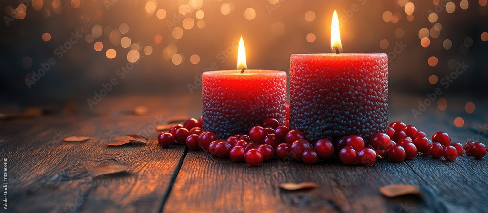 Poster warm candlelight with red pearls on a rustic wooden table creating a cozy and inviting atmosphere du
