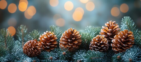 Christmas decorations with pine cones on a textured background surrounded by soft bokeh lights creating a festive atmosphere