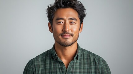 Obraz premium Confident Asian man in a green checkered shirt posing against a neutral background showcasing casual style and approachable demeanor.