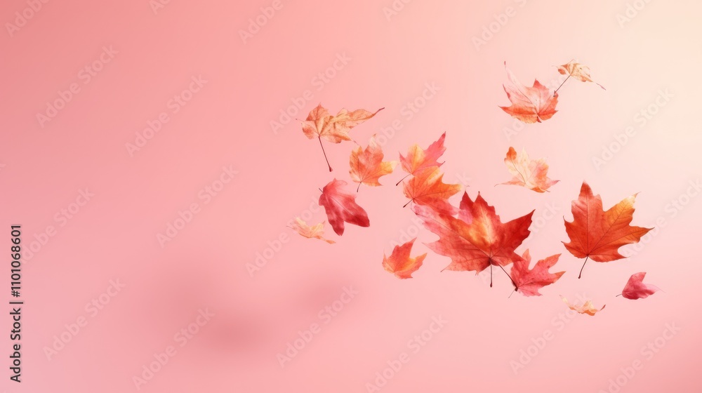 Poster vibrant autumn leaves gently floating against a soft pink background creating a serene and enchantin