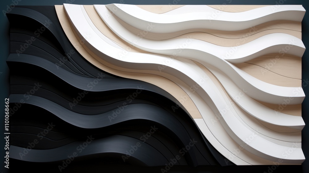 Poster abstract textured composition featuring layered waves in black and white wood against a dark backgro