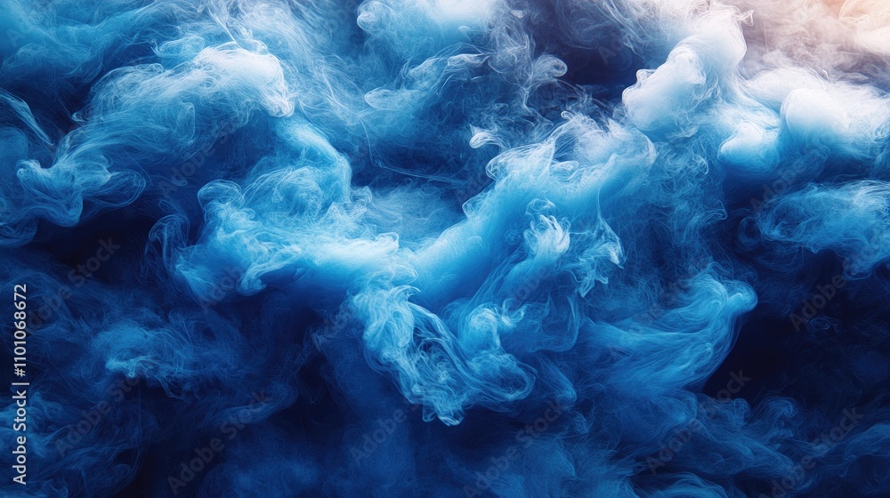 Poster blue ink swirling in water creating abstract patterns and textures with vibrant hues and fluid motio