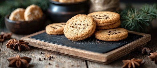 Fototapeta premium Chalkboard with handwritten text surrounded by freshly baked cookies on a rustic wooden table with festive decorations.
