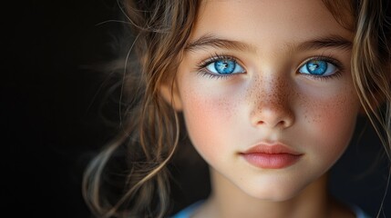 Naklejka premium Closeup portrait of a young girl with striking blue eyes and natural freckles against a dark background showcasing innocence and beauty.