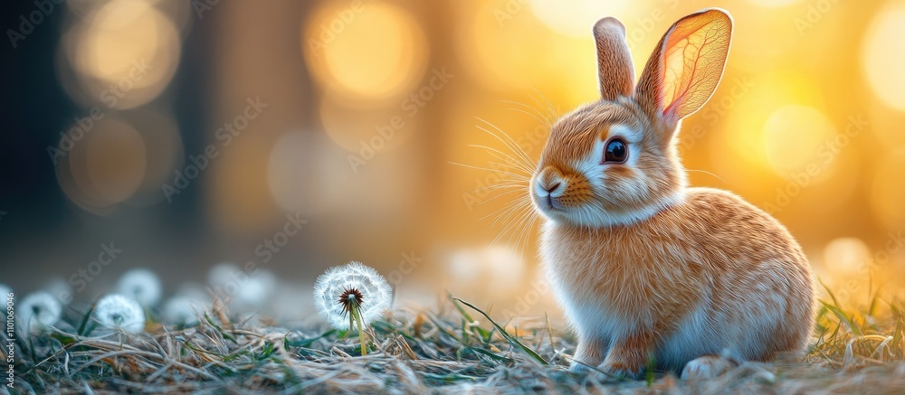 Poster Dwarf rabbit resting on grass surrounded by dandelions with a warm sunlit background creating a serene nature scene
