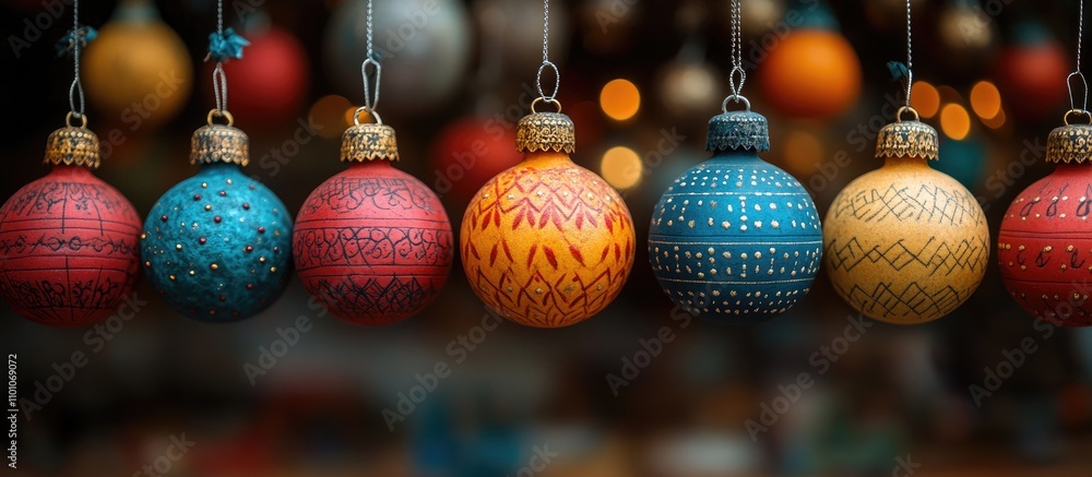 Poster close up of colorful holiday ornaments with intricate designs and bokeh effect creating a festive at