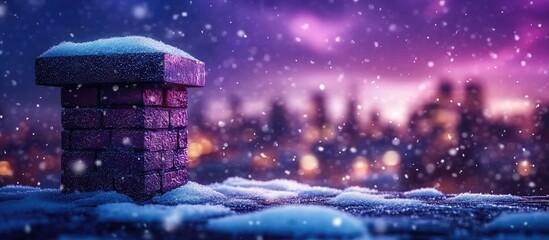 Charming snow-covered chimney at winter night with city skyline illuminated in the background creating a cozy atmospheric scene