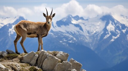 Obraz premium Chamois standing on rocky terrain with snow-capped mountains in the background under a blue sky in a stunning natural landscape setting.