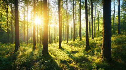 Obraz premium Stunning forest scene with blurred green trees and wild grasses, illuminated by sunlight streaming through the canopy, creating a serene natural atmosphere.