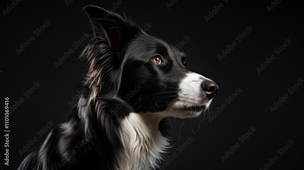 Poster border collie profile portrait against a dark background showcasing its expressive features and inte