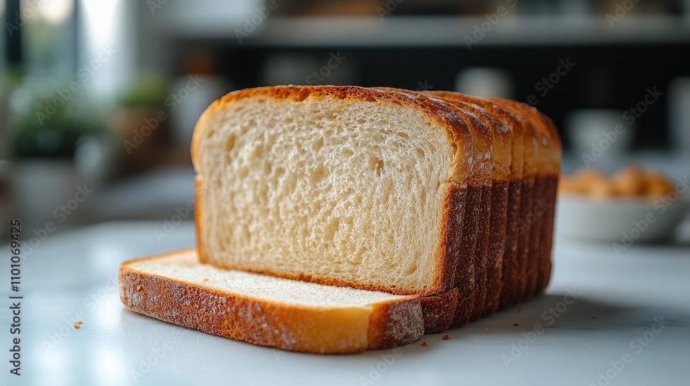 Poster deliciously sliced white bread displayed on a clean white background showcasing its soft texture and
