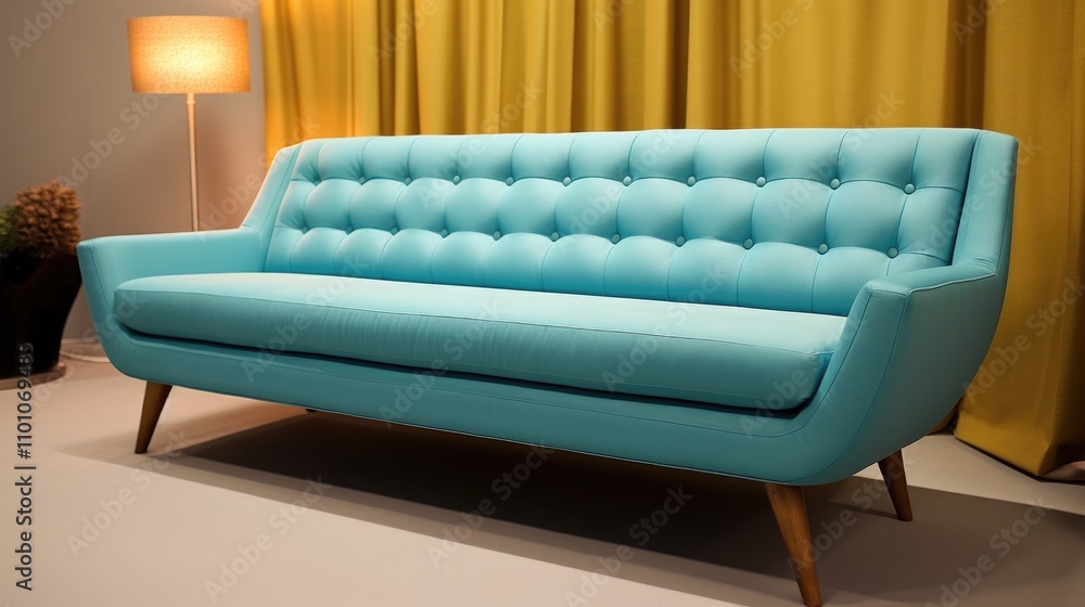 Poster chic modern sofa with button tufting and angular wooden legs showcased in a stylish interior setting