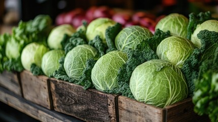 Fresh leafy green cabbages and kale displayed at a farmer's market showcasing natural produce and healthy eating choices