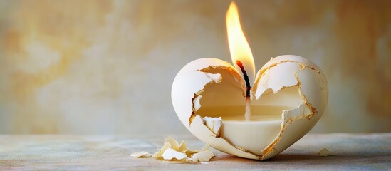 Burning Heart Candle Symbolizing Heartbreak with Flame and Cracked Surface Against Textured Background