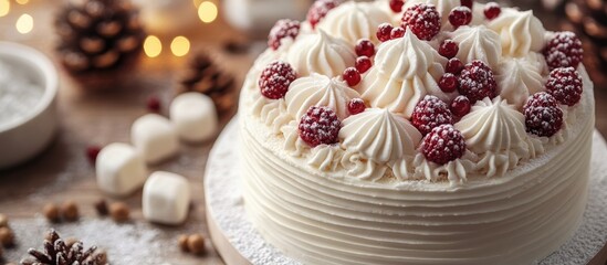 Fototapeta premium Festive Christmas cake topped with marshmallows and raspberries surrounded by pinecones and fairy lights on a rustic wooden surface