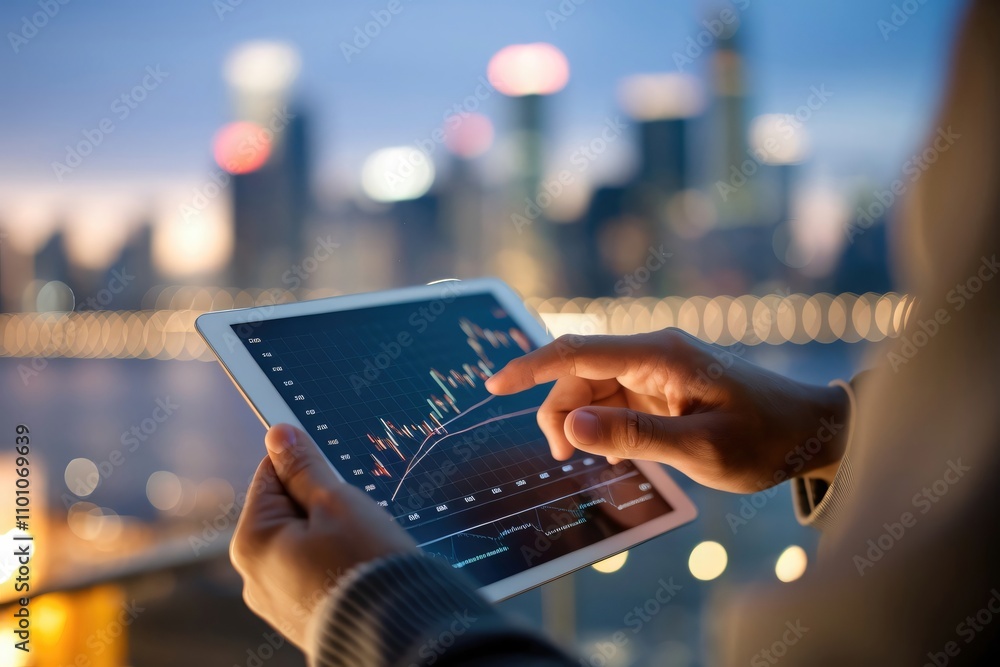 Poster businessman using tablet and analyzing stock market data with city lights in background