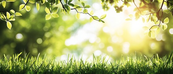Obraz premium Sunny spring garden background with lush green grass and soft blurred foliage bokeh, fresh outdoor setting perfect for nature, seasonal, and lifestyle projects