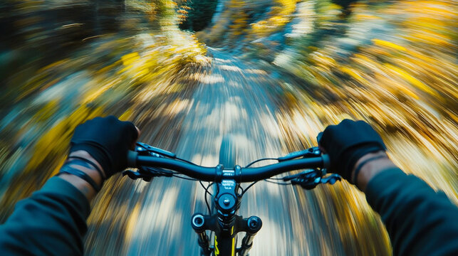 Mountain biking through a vibrant forest trail during autumn