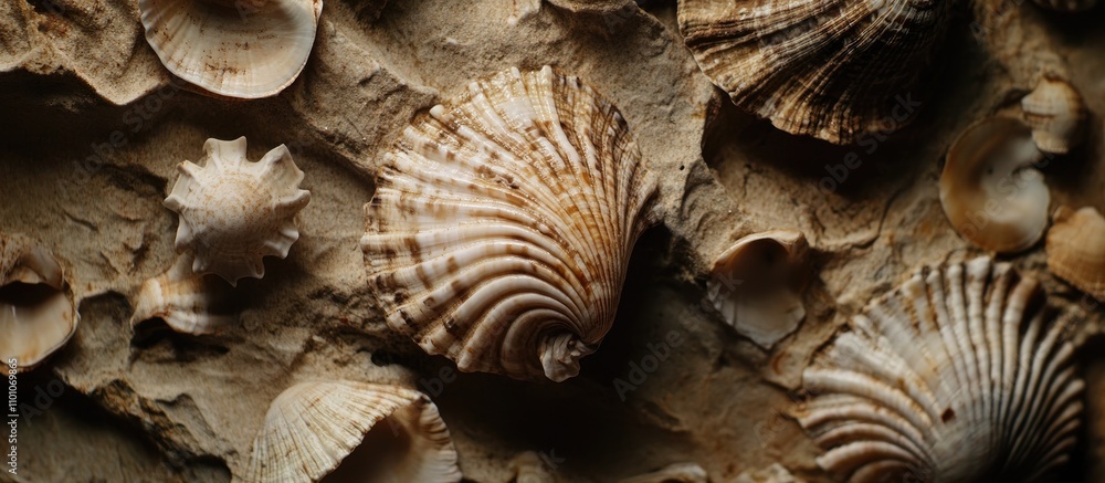 Poster close up of a beautiful seashell highlighting intricate details against a backdrop of various seashe