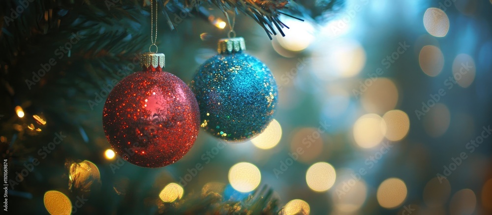 Poster sparkling red and blue christmas ornaments hanging on a tree with a beautiful bokeh background creat