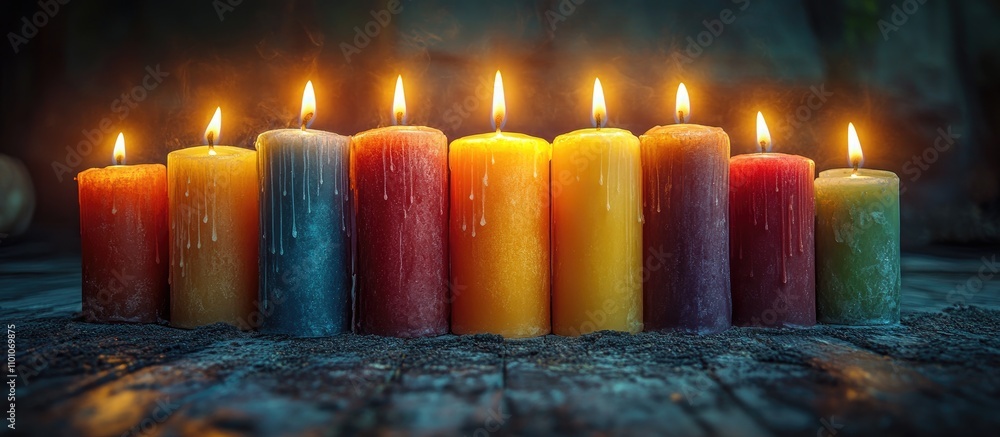 Poster colorful candles arranged in row glowing softly in dark setting creating an atmosphere of mysticism 
