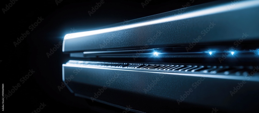 Poster close up of a sleek modern laser printer showcasing advanced printing technology against a dark back