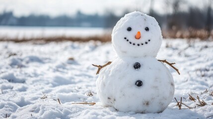 Cheerful snowman with a bright smile and carrot nose in a snowy winter landscape, capturing a joyful winter scene.