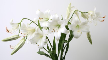 Obraz premium Crinum moorei white lily blossoms elegantly arranged on a minimalistic white backdrop showcasing natural beauty and freshness
