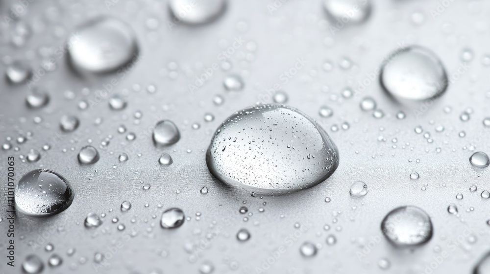 Poster close up of clear water droplets on a smooth surface with soft reflections on a white background cre