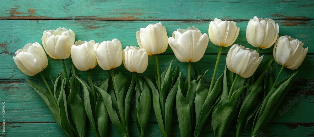 Poster elegant white tulips arranged neatly on a green wooden backdrop with space for text ideal for spring