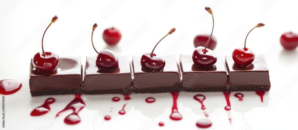 Poster chocolate cake squares topped with fresh cherries and cherry jam on a white background creating an a